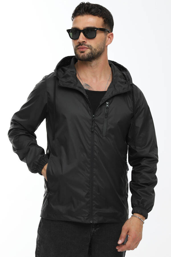 Men's Black Windproof Hooded Raincoat with Pockets and Lining - 4