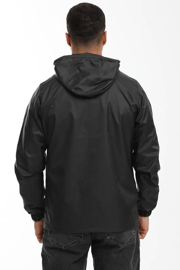 Men's Black Windproof Hooded Raincoat with Pockets and Lining - 7