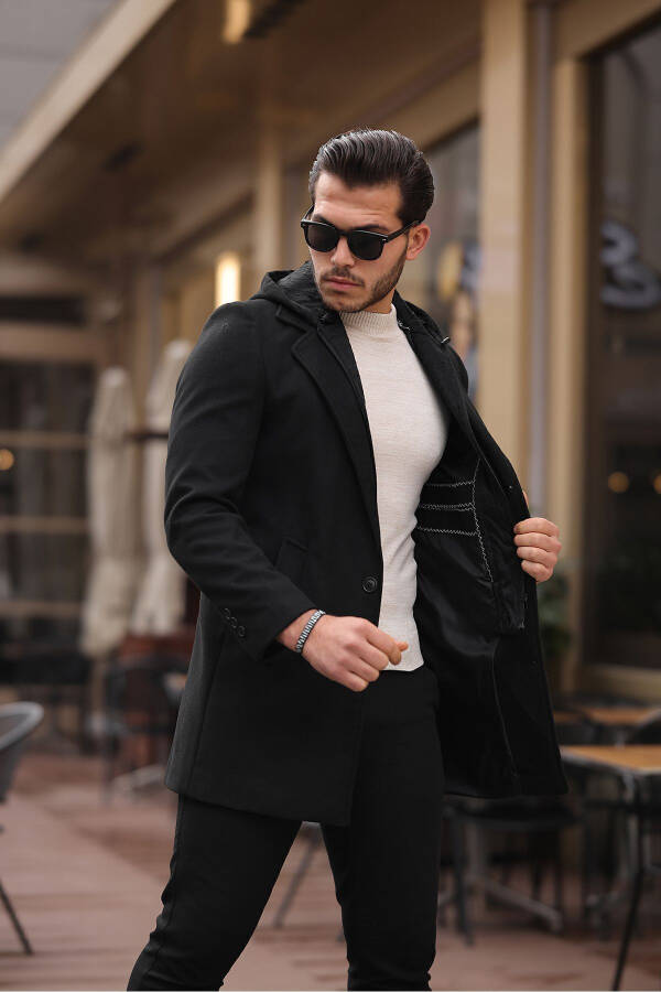 Men's black wool blend cashmere coat with hood, zipper and button closure. - 2