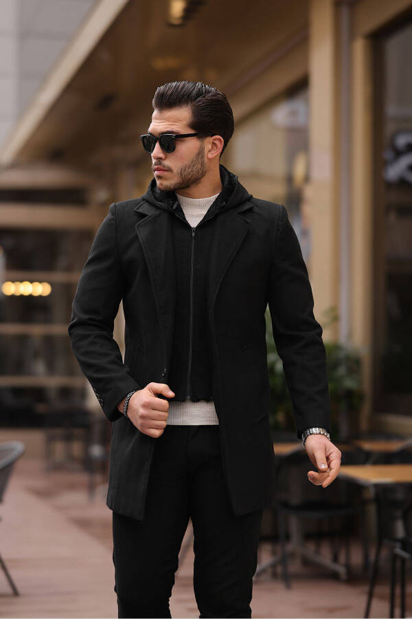 Men's black wool blend cashmere coat with hood, zipper and button closure. - 3