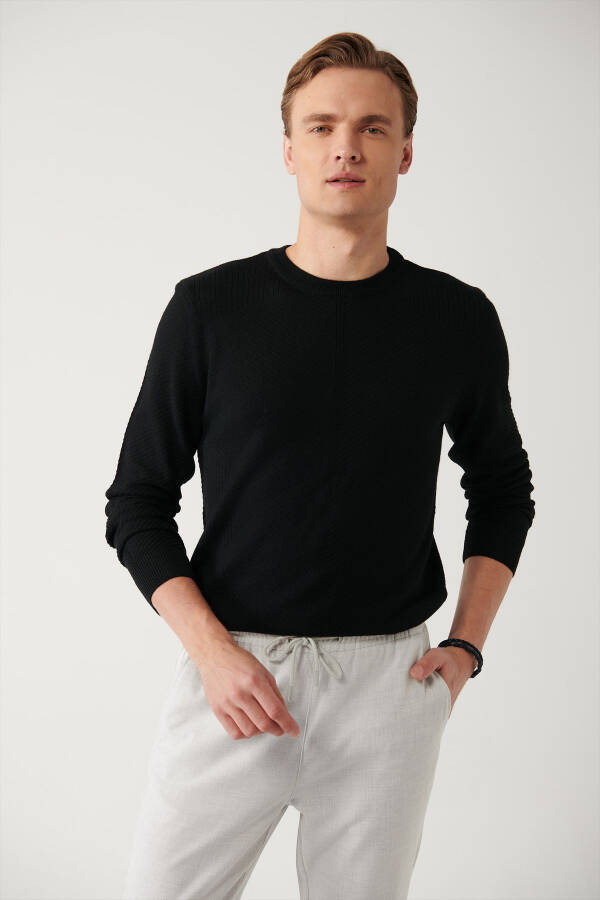 Men's Black Wool Knit Sweater - 1