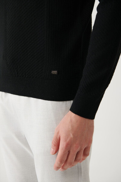 Men's Black Wool Knit Sweater - 6