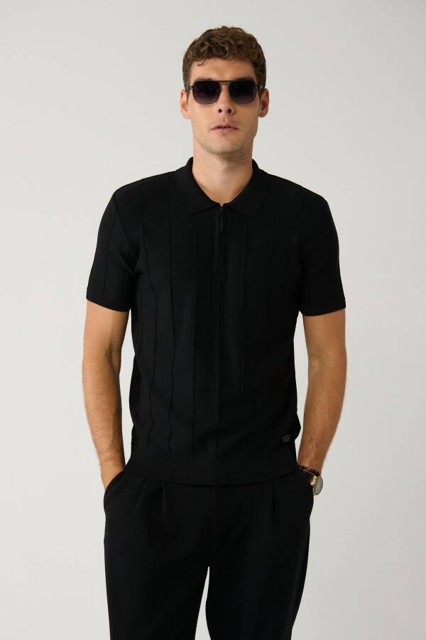 Men's Black Zipper Polo Neck Knit T-shirt - 1