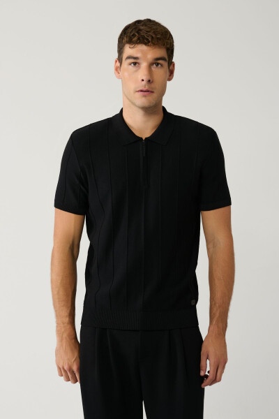 Men's Black Zipper Polo Neck Knit T-shirt - 3