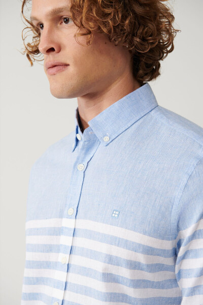 Men's Blue Button-Down Collar Striped Slim Fit Shirt A41y2190 - 7