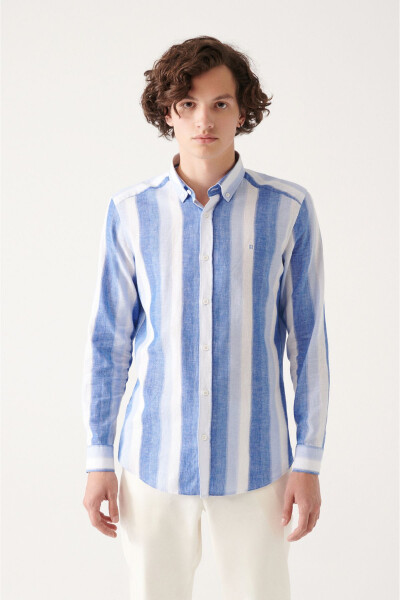 Men's Blue Button-Down Striped Cotton Linen Regular Fit Shirt A31y2085 - 6