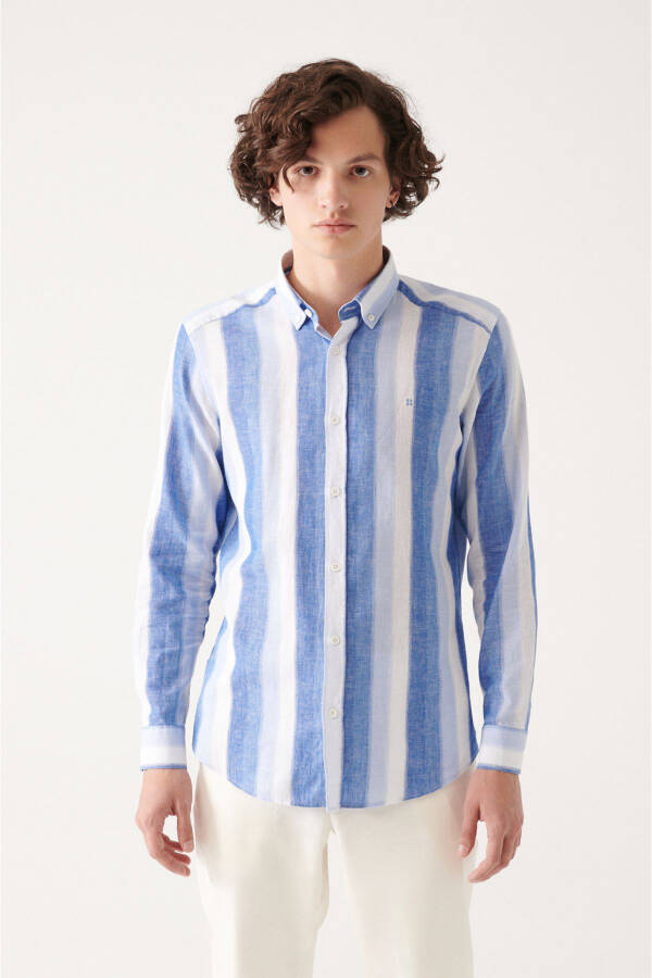 Men's Blue Button-Down Striped Cotton Linen Regular Fit Shirt A31y2085 - 6