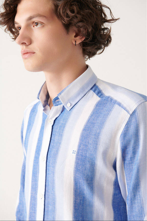 Men's Blue Button-Down Striped Cotton Linen Regular Fit Shirt A31y2085 - 7