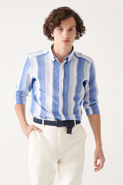 Men's Blue Button-Down Striped Cotton Linen Regular Fit Shirt A31y2085 - 8