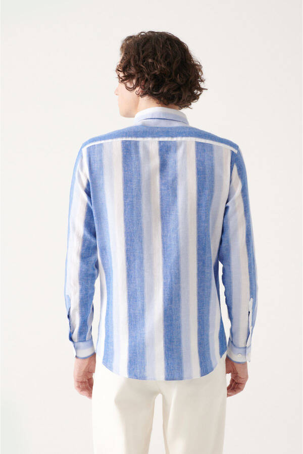 Men's Blue Button-Down Striped Cotton Linen Regular Fit Shirt A31y2085 - 9