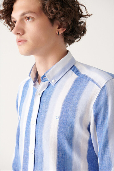 Men's Blue Button-Down Striped Cotton Linen Regular Fit Shirt A31y2085 - 2