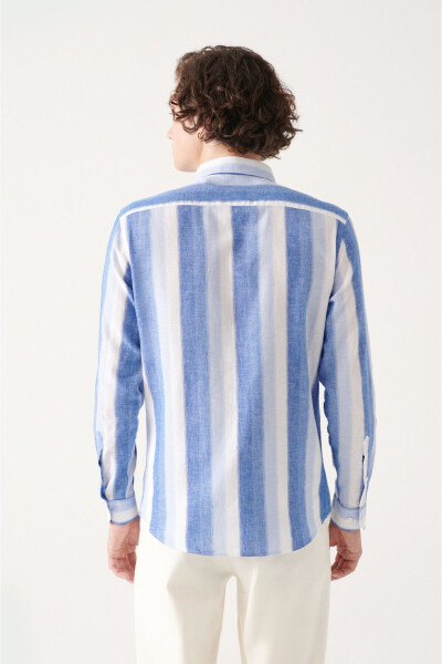 Men's Blue Button-Down Striped Cotton Linen Regular Fit Shirt A31y2085 - 4