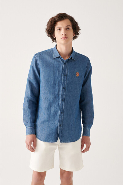 Men's Blue Classic Collar Cotton Snap Marine Print Comfort Fit Relaxed Fit Denim Shirt A31y2224 - 8