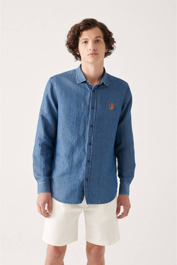 Men's Blue Classic Collar Cotton Snap Marine Print Comfort Fit Relaxed Fit Denim Shirt A31y2224 - 8