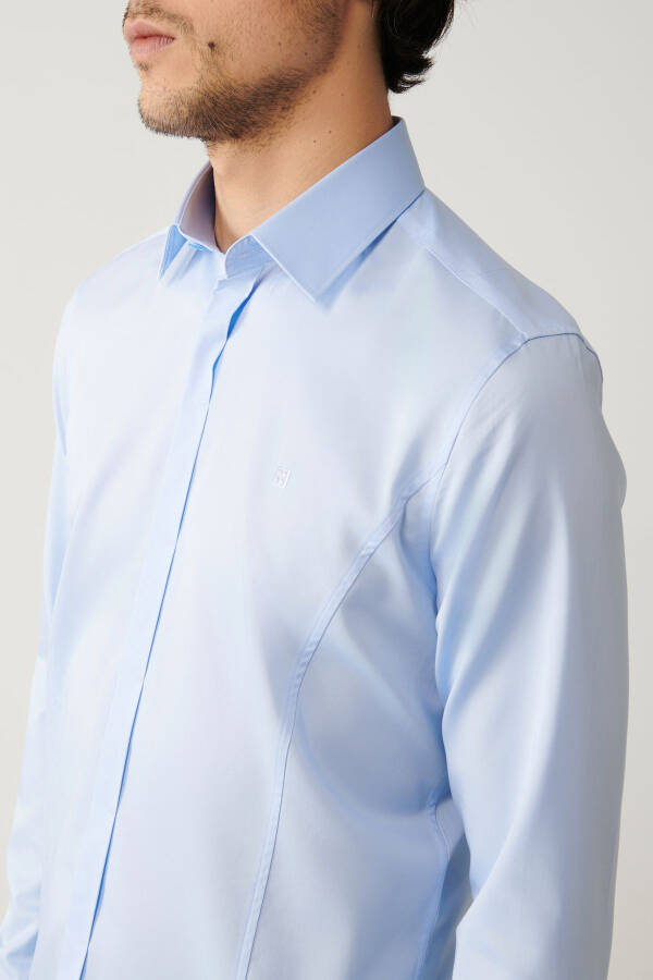 Men's Blue Satin Shirt 100% Cotton Classic Collar Slim Fit B002002 - 7