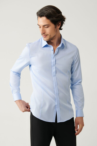 Men's Blue Satin Shirt 100% Cotton Classic Collar Slim Fit B002002 - 8