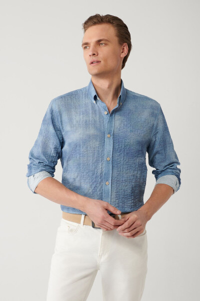 Men's Blue Shirt with British Collar, Cotton Waffle, Regular Fit A41y2157 - 7