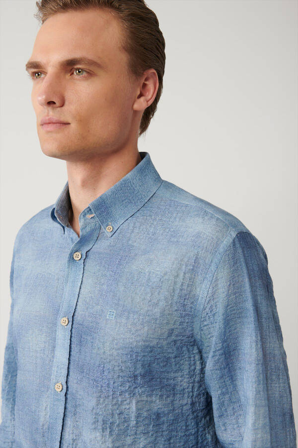 Men's Blue Shirt with British Collar, Cotton Waffle, Regular Fit A41y2157 - 8