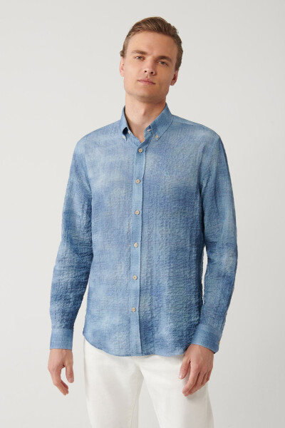 Men's Blue Shirt with British Collar, Cotton Waffle, Regular Fit A41y2157 - 9