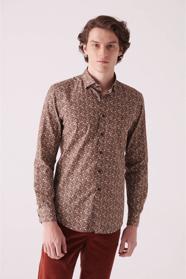 Men's Brown Abstract Pattern 100% Cotton Slim Fit Skinny Fit Shirt A22y2003 - 6