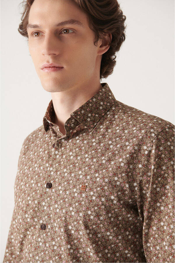 Men's Brown Abstract Pattern 100% Cotton Slim Fit Skinny Fit Shirt A22y2003 - 7