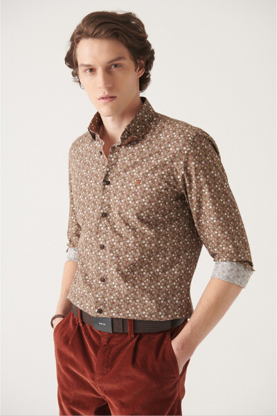 Men's Brown Abstract Pattern 100% Cotton Slim Fit Skinny Fit Shirt A22y2003 - 8