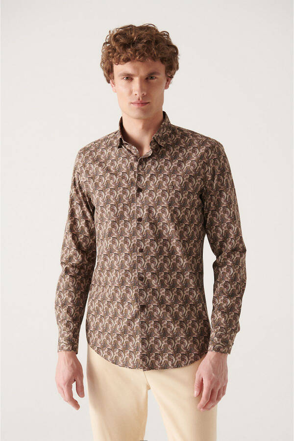 Men's Brown Abstract Pattern 100% Cotton Slim Fit Skinny Shirt A22y2001 - 6