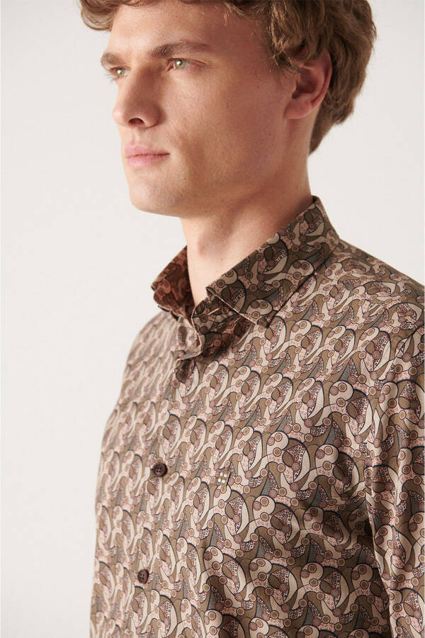 Men's Brown Abstract Pattern 100% Cotton Slim Fit Skinny Shirt A22y2001 - 7