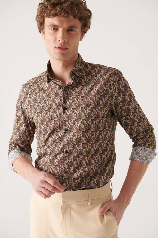 Men's Brown Abstract Pattern 100% Cotton Slim Fit Skinny Shirt A22y2001 - 8