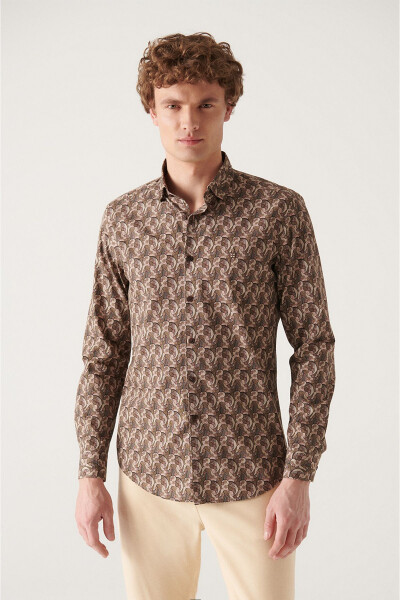 Men's Brown Abstract Pattern 100% Cotton Slim Fit Skinny Shirt A22y2001 - 1