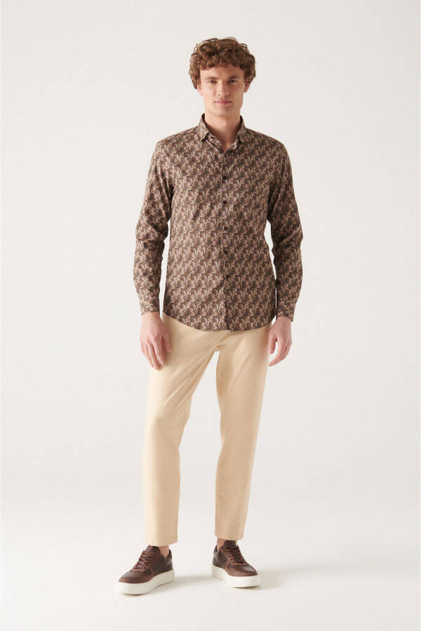 Men's Brown Abstract Pattern 100% Cotton Slim Fit Skinny Shirt A22y2001 - 5