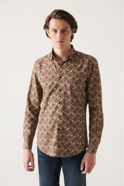 Men's Brown Abstract Pattern 100% Cotton Slim Fit Slim Fit Shirt A22y2002 - 6