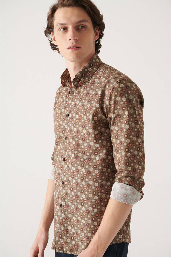 Men's Brown Abstract Pattern 100% Cotton Slim Fit Slim Fit Shirt A22y2002 - 9