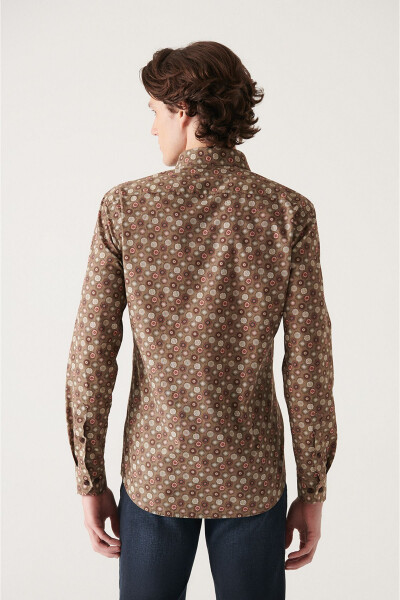 Men's Brown Abstract Pattern 100% Cotton Slim Fit Slim Fit Shirt A22y2002 - 3