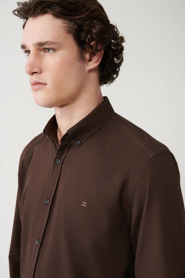 Men's Brown Button-Down Collar Shirt 100% Cotton Corduroy Regular Fit E002004 - 3