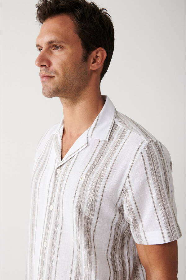 Men's Brown Easy-Iron Cuban Collar Striped Short Sleeve Regular Fit Shirt - 12