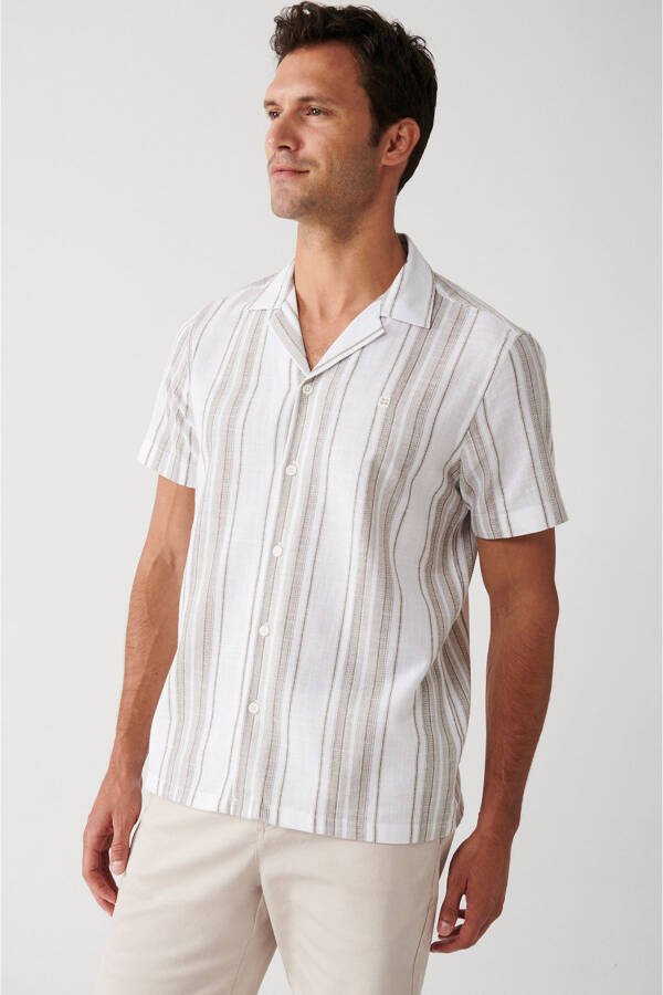 Men's Brown Easy-Iron Cuban Collar Striped Short Sleeve Regular Fit Shirt - 13