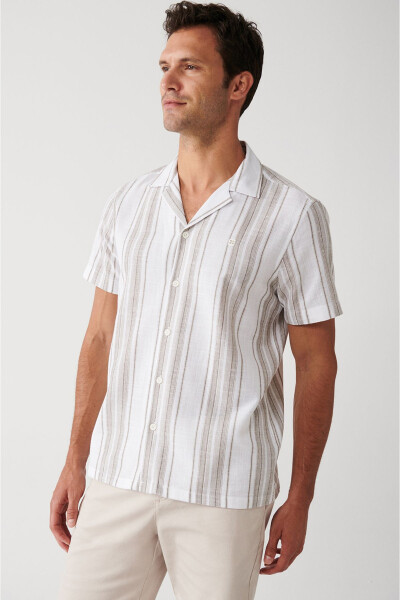 Men's Brown Easy-Iron Cuban Collar Striped Short Sleeve Regular Fit Shirt - 8