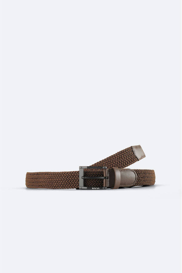 Men's Brown Leather Woven Belt - 1