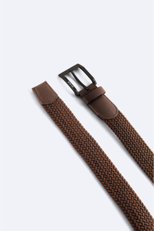 Men's Brown Leather Woven Belt - 3