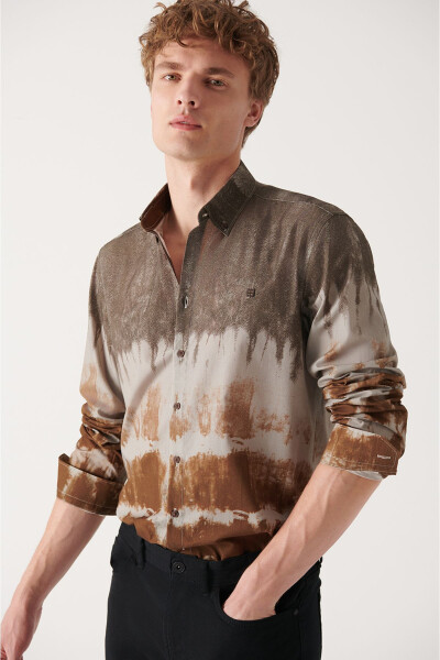 Men's Brown Printed Button-Down Collar 100% Cotton Slim Fit Slim Fit Shirt A22y2070 - 8