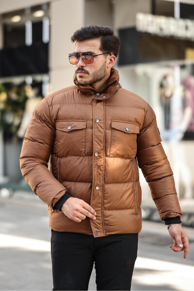 Men's Brown Regular Fit Stand Collar Water & Windproof Puffer Jacket - 1