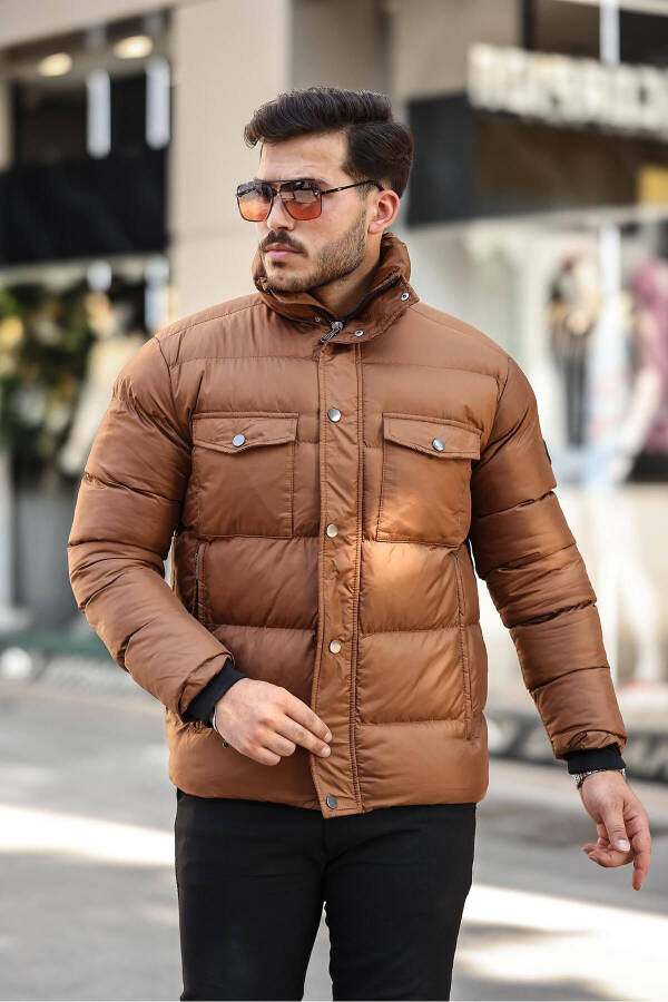 Men's Brown Regular Fit Stand Collar Water & Windproof Puffer Jacket - 1