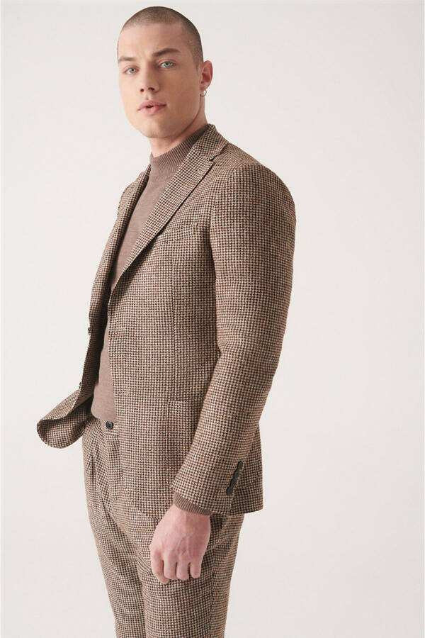 Men's Brown Wool Blend Slim Fit Suit Jacket - 6