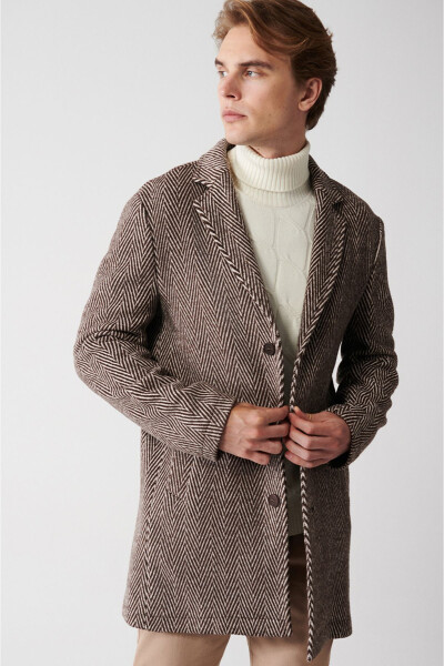 Men's brown wool coat, single breasted, herringbone pattern, unlined, comfort fit. - 2