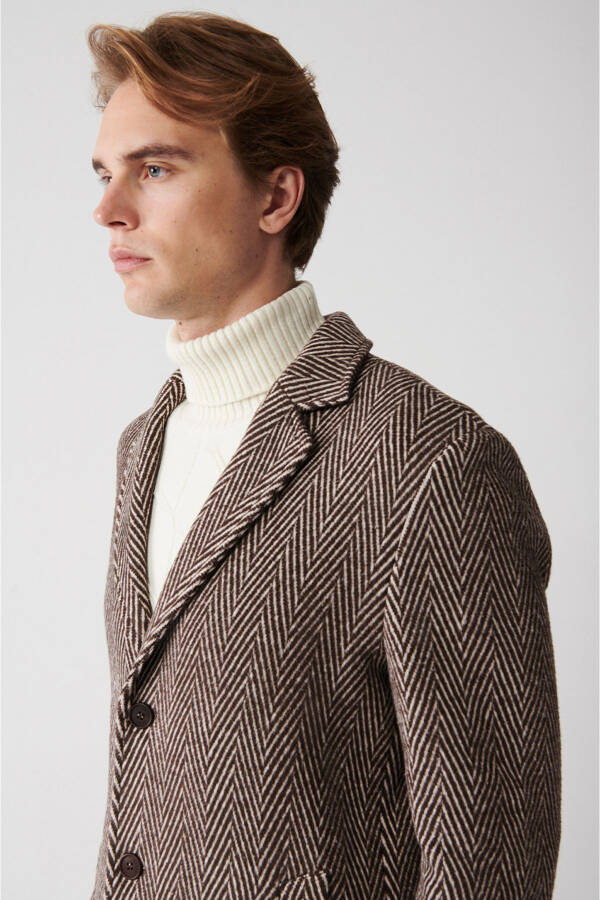 Men's brown wool coat, single breasted, herringbone pattern, unlined, comfort fit. - 3