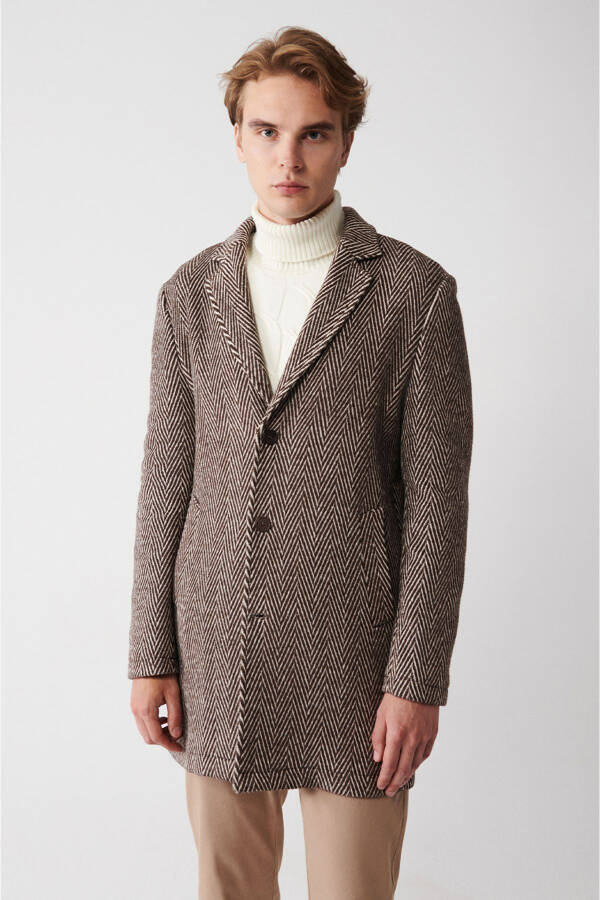 Men's brown wool coat, single breasted, herringbone pattern, unlined, comfort fit. - 4