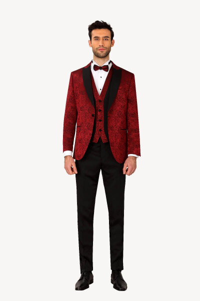 Men's Burgundy Swallow Collar Vest Slim Fit Patterned Tuxedo - 5