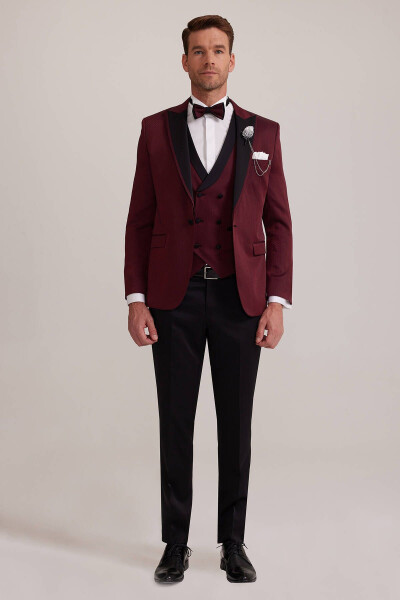 Men's Burgundy Swallowtail Collar Waistcoat Slim Fit Patterned Groom Suit - 9