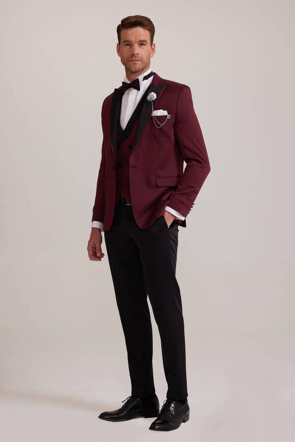 Men's Burgundy Swallowtail Collar Waistcoat Slim Fit Patterned Groom Suit - 10